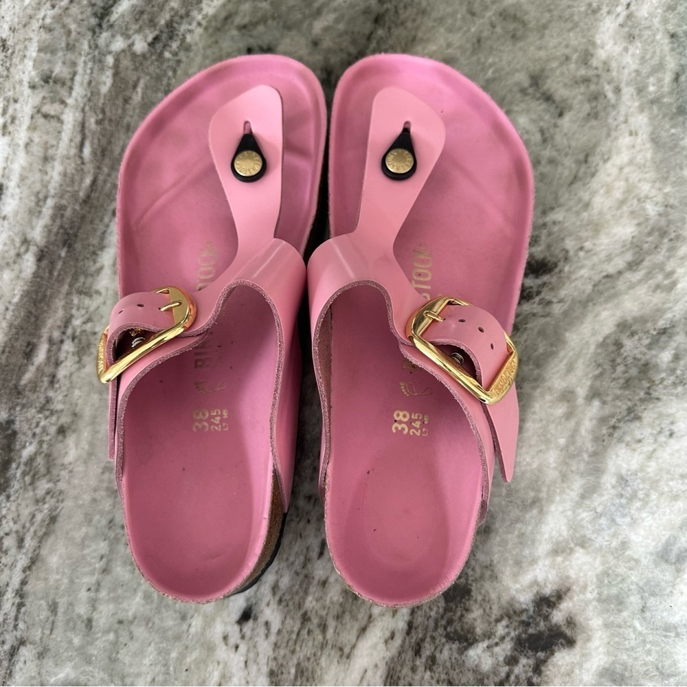 BIRKENSTOCK WOMENS GIZEH BIG BUCKLE NATURAL LEATHER PATENT SANDALS 38/7 - Picture 3 of 9